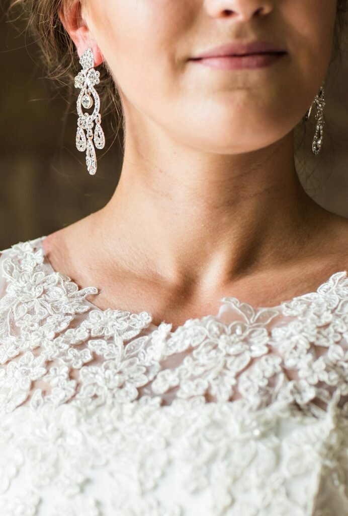 close up of beautiful woman wearing shiny diamond earrings